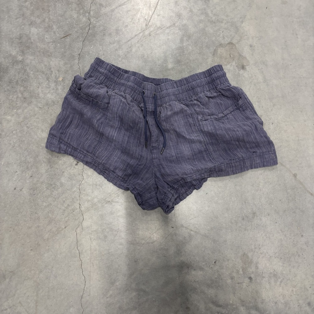 Athleta Linen Textured 4 Inch Shorts Purple Blue Elastic Drawstring Size 18
